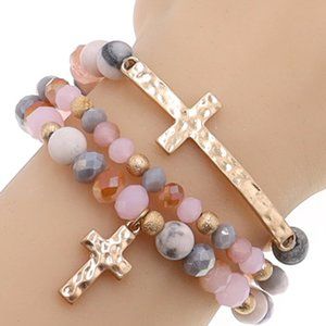 1081-3Pcs Cross Stretch Bead Bracelets -Pink/Gray